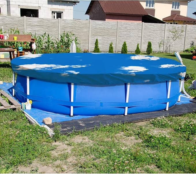 ECOOPTS 8 ft Waterproof Round Polyester Pool Cover for Above Ground Pools, Swimming Pool Cover Protector Winter Safety Cover (Blue Sky)