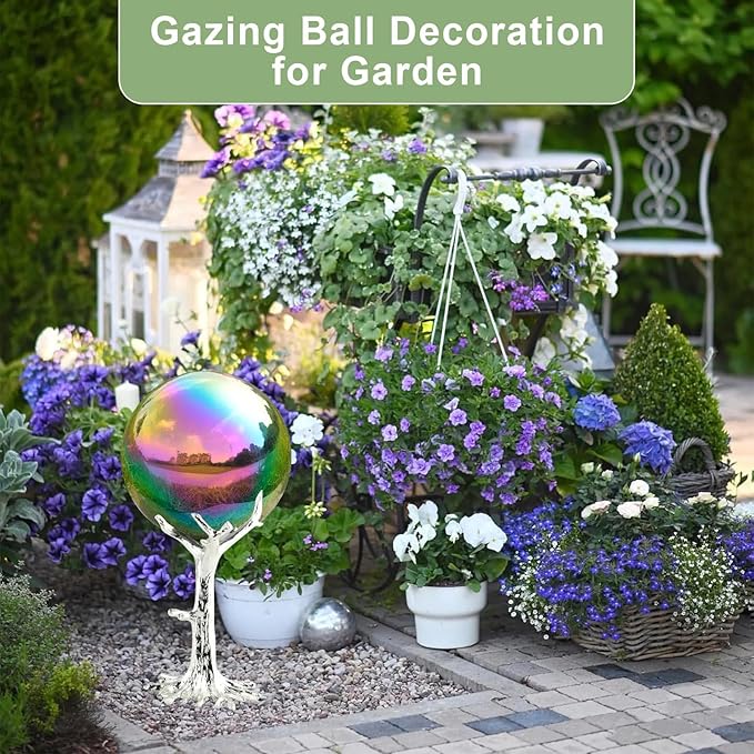 Nerien 12 Inch Gazing Ball, Stainless Steel Garden Mirror Globe, Polished Ornament Sphere, Hollow Floating Reflective Hemisphere, Home Outdoor Pond Housewarming Swimming Pool Decoration Gift, Rainbow