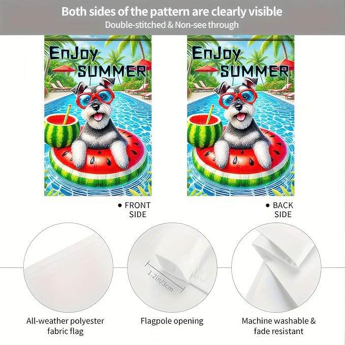 Enjoy Summer Garden Flag Schnauzer Dog 12X18 Inch Print Double Sided Cute Puppy Decorative Yard Flag Banner Poolside Patio Decor Banner Outside Seasonal Holiday Outdoor Decoration