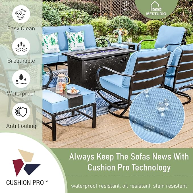 MFSTUDIO 6 Pieces Patio Furniture Sets with 45" Gas Fire Pit Table(Up to 7 Seat),Outdoor Metal Conversation Sofas with 1 x 3-Seat Sofa, 2 Sofa Chairs and 2 Ottoman,Blue Cushion