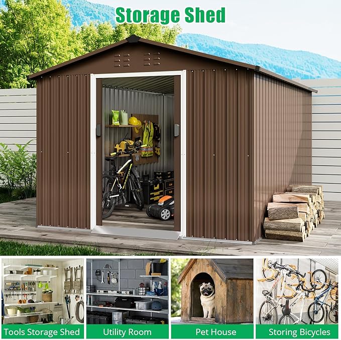 8X12 FT Large Metal Outdoor Storage Shed, Galvanized Steel Garden Tool Shed with Lockable Double Doors & Ventilation for Bicycles, Tools, Lawnmowers, Backyards, Patios, Lawns, Brown