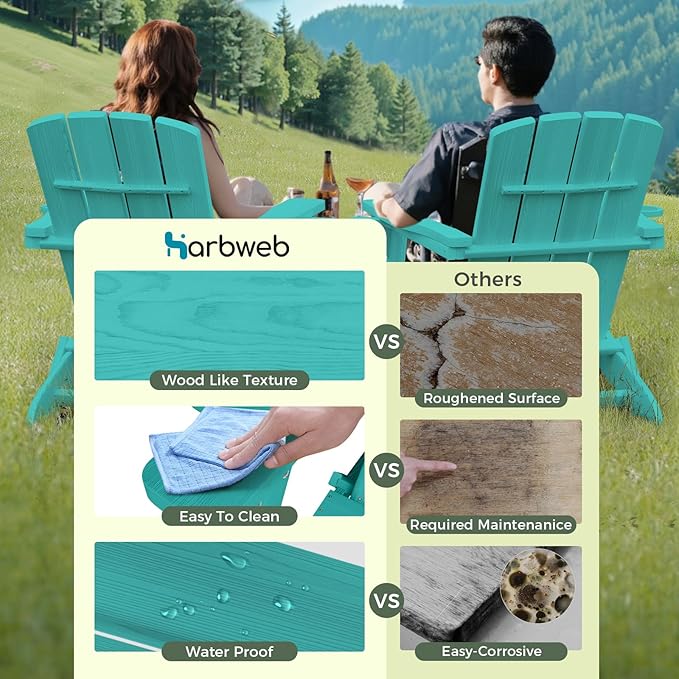 Folding Adirondack Chair Wood Texture 4 Pack, HDPE All-Weather Fire Pit Chairs, Plastic Adirondack Chairs with 2 Cup Holder, Outdoor Lawn Chair for Patio Garden (Lake Blue)