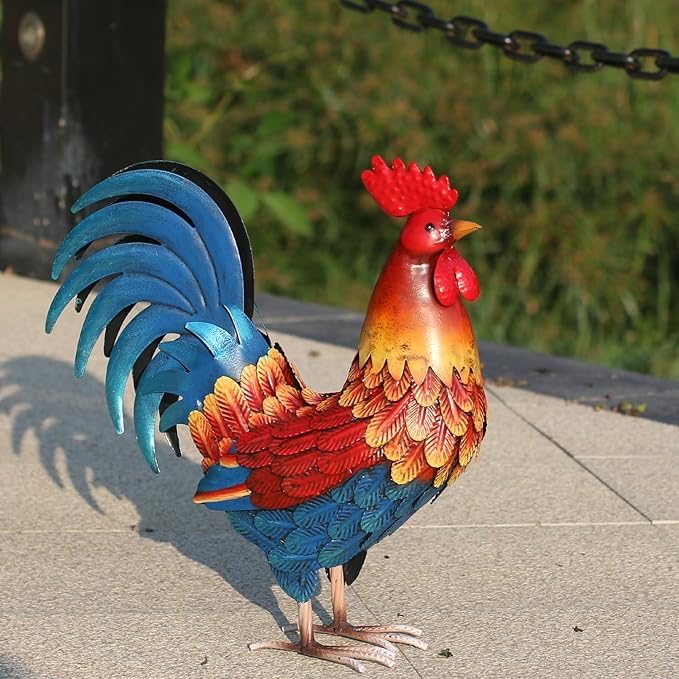 Kircust Metal Rooster Yard Art Statue, Chicken Garden Animals Sculpture Lawn Ornament Figurines Artwork for Outdoor, Patio, Backyard and Home Kitchen Decoration
