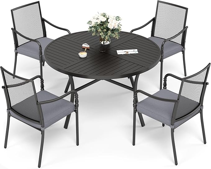 Patio Table and Chairs Set of 4, All-Weather Breathable Metal Mesh Patio Chair with Gourd-Shaped Armrests, 42x42 Round Table with Umbrella Hole, 5 Pcs Metal Frame Patio Dining Set