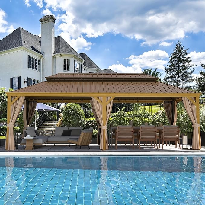 YOLENY 12' x 24' Gazebo, Wood Grain Aluminum Frame Pergola with Double Galvanized Steel Roof, Outdoor Permanent Metal Pavilion with Curtains and Nettings for Patio, Backyard and Deck