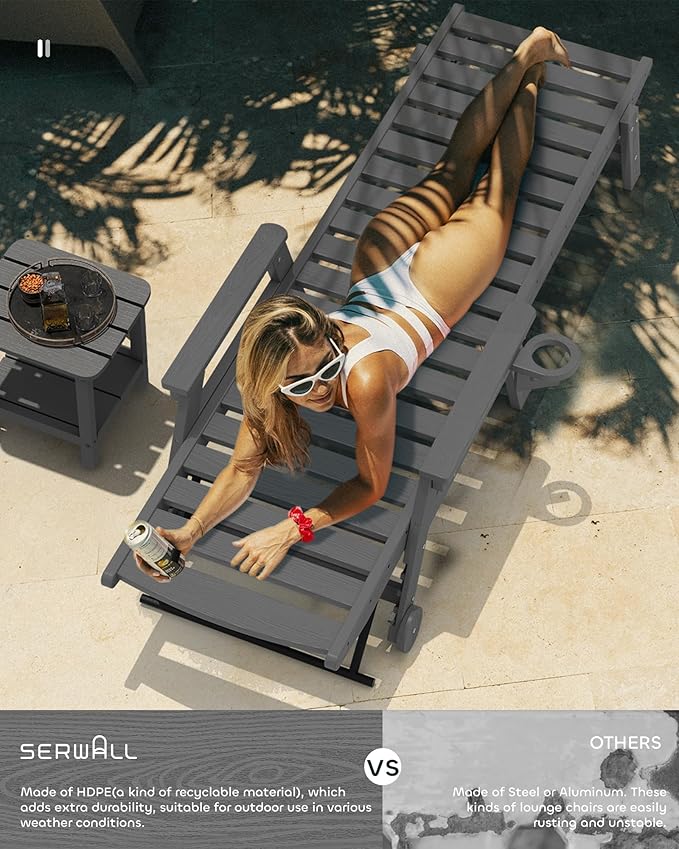 SERWALL Patio Chaise Lounge Chair Set of 2, 78'' Long 5-Positions Adjustable HDPE Outdoor Lounge Chair for Pool, Poly Lounge Chair with Rolling Wheels & Cup Holder for Poolside, Deck, Slate Gray