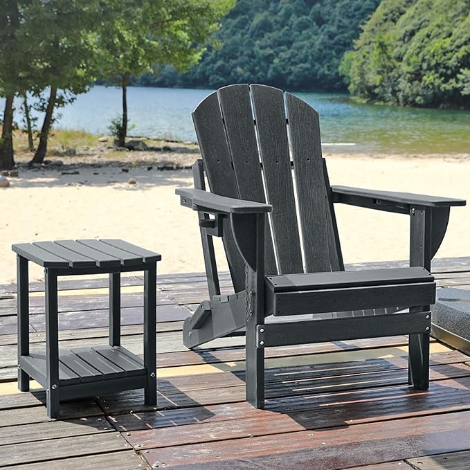 Folding Adirondack Chair, HDPE Outdoor Texture Lawn Chair with Reclining Back, Cup and Phone Holder - Comfortable Firepit Chair Weather Resistant for Patio or Backyard (Grey, Set of 2)
