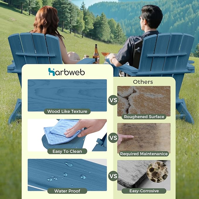 Folding Adirondack Chair Wood Texture 4 Pack, HDPE All-Weather Fire Pit Chairs, Plastic Adirondack Chairs with 2 Cup Holder, Outdoor Lawn Chair for Patio Garden (Navy Blue)