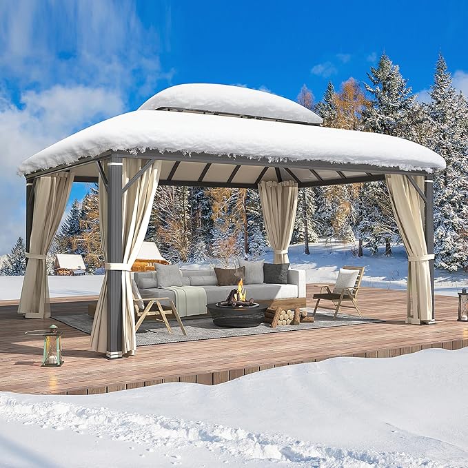YOLENY 12'x16' Hardtop Gazebo, Permanent Outdoor Aluminum Patio Gazebo with Aluminum Composite Double Arc Roof for Patio Lawn and Garden, Curtains and Netting Included