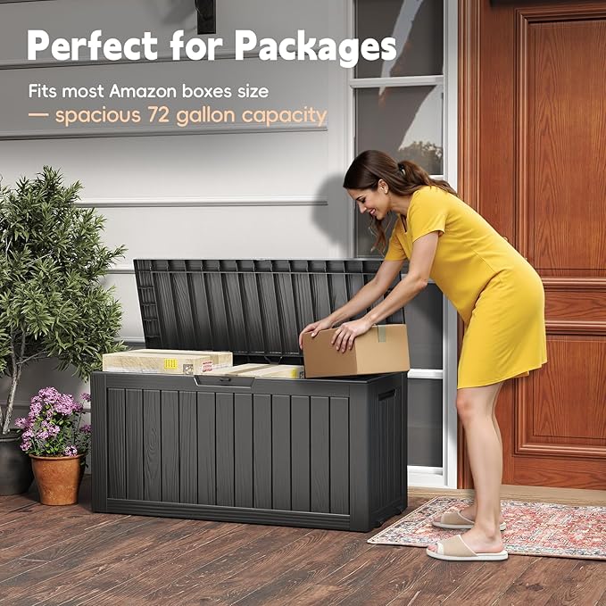Outdoor Storage Box, 72 Gallon Deck Box Waterproof, Resin Patio Storage Bin for Package Delivery, Patio Furniture Cushion, Garden Tools, Pool Accessories, Weatherproof, Black
