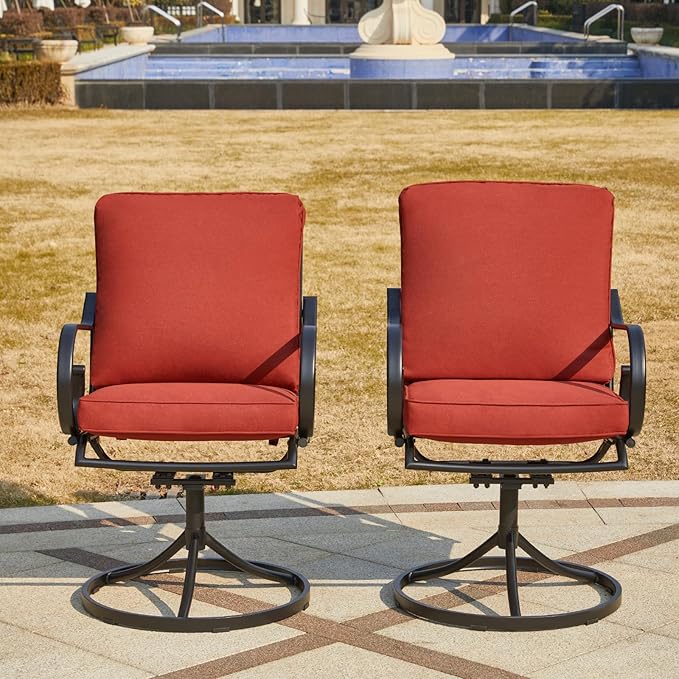 MELLCOM Patio Swivel Chair Set of 6, Heavy Duty Outdoor Dining Chairs with Thickened Cushions, Metal Patio Chairs Gentle Rocker for Outside, Garden Lawn & Porch, Backyard, Red
