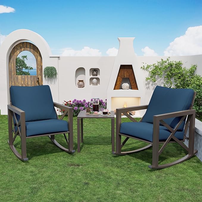 Outdoor Rocking Bistro Set, Patio Rocking Chairs Set of 2 with Coffee Table, 3 Pieces Metal Conversation Sets with 6.5" Thick Cushions for Backyard, Porch, Poolside, Oversized (Blue)