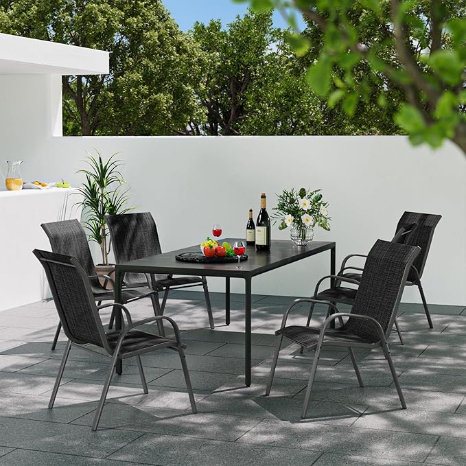 Patio Dining Chairs Set of 4, Stackable Dining Chairs High Back, Breathable Seat Fabric and Alloy Steel Frame Fit Backyard, Porch, Lawn,Poolside (Dark Grey)