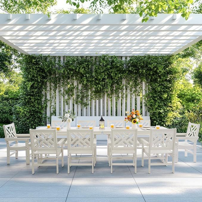 12 Piece HDPE Outdoor Dining Set for 10, Patio HDPE Furniture Set with 2 Table and Umbrella Hole, Outdoor Table and Chairs for Garden, Poolside, Backyard, Deck
