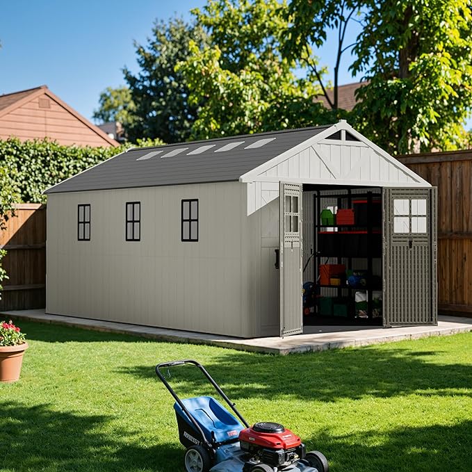 Devoko 10 x 16 FT Resin Outdoor Storage Shed, Extra Large Plastic Shed with Skylight, Floor and Lockable Door, Storage Bike, Tools, Lawn Mower for Garden, Backyard, Patio, Beige