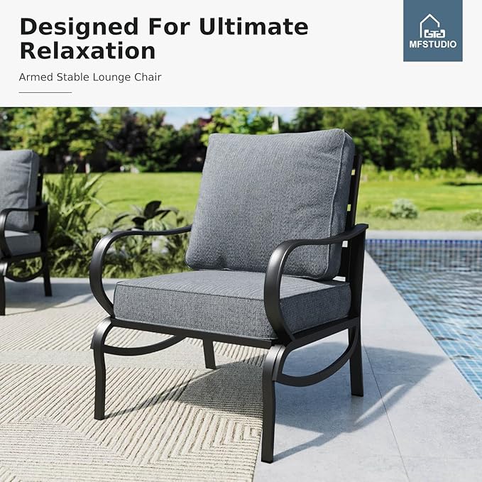 MFSTUDIO 4 Pieces Patio Conversation Set, 5 Seats Metal Patio Furniture Sets with 1 x 3-Seat Sofa, 2 Single Chairs,1 Coffee Table, All Weather Steel Patio Sets with 5.75inch Grey Cushion for Garden