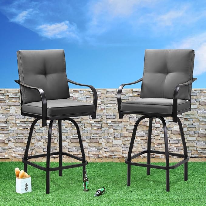 Patio Swivel Bar Stools, Outdoor High Back Swivel Bar Chair Set of 6 with Cushion & All Weather Steel Frame for Backyard, Lawn, Poolside and Balcony, Dark Gray