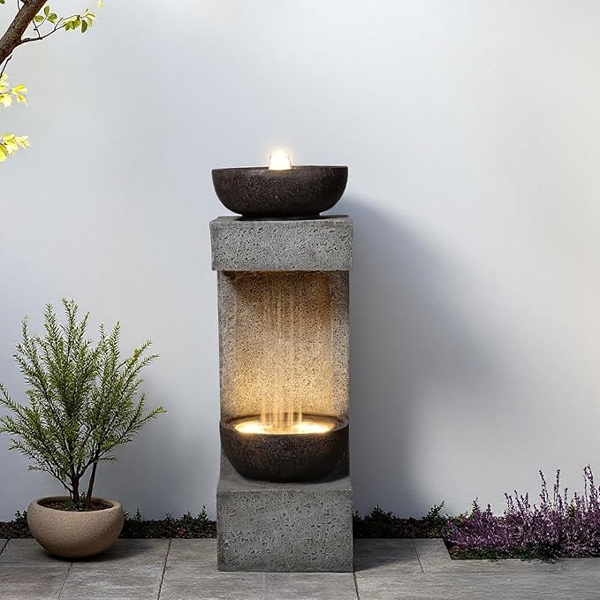 33.9" Waterfall Fountain Outdoor with LED Lights – Modern Rain Curtain Resin Garden Waterfall and Fountains, Bowl Design Outdoor Water Feature for Patio, Porch, Backyard, Lawn & Home Decor