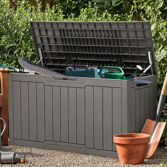 YITAHOME 100 Gallon Resin Deck Box, Weather Resistant Outdoor Storage Box, Lockable Indoor Outdoor Storage for Supplies and Essentials, Taupe