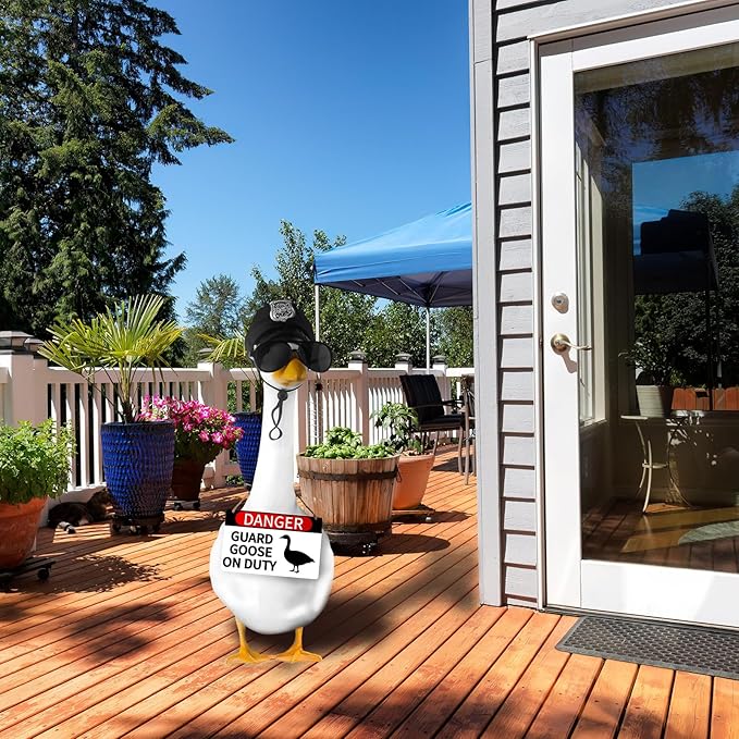 CAMDUCK 3 Pcs Porch Goose Accessories Porch Goose Sign Goose Police Hat Eyeglasses Wooden Gooses Warning Sign Danger Guard Goose on Duty Warning Sign Goose Outfits Decor for Yard Porch Lawn