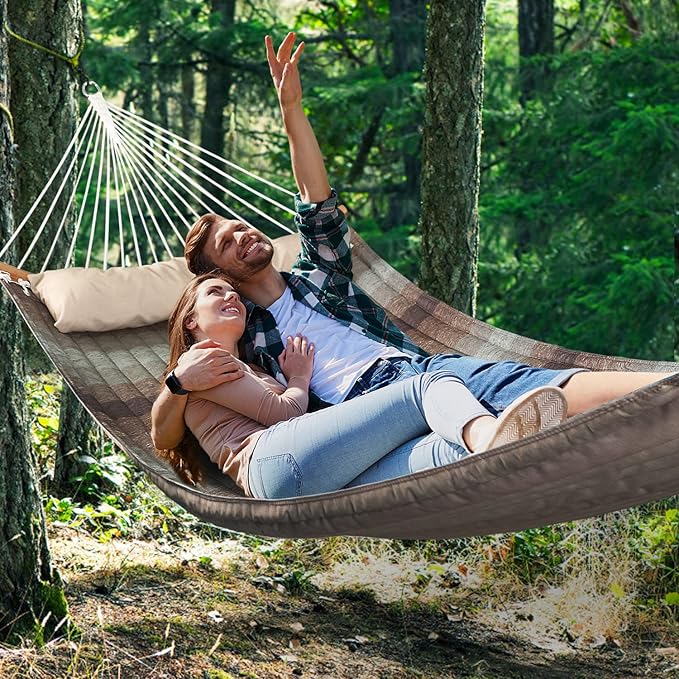 Double Hammock, 11 FT Quilted Fabric 2 Person Hammock for Outside with Pillow, Folding Curved Spreader Bar, Chains, Carrying Bag, Indoor Outdoor, 450 IB Capacity, Aqua Green
