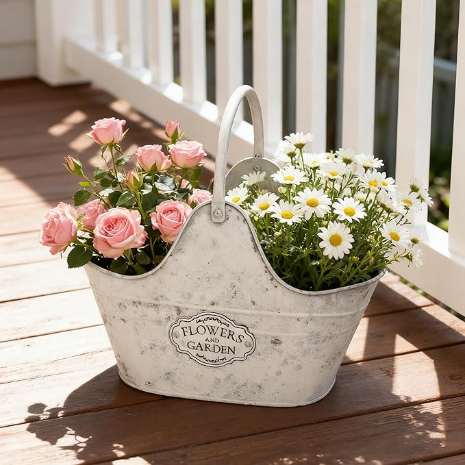 Set of 2 Vintage Metal Planter Pots, "Flowers and Garden" Distressed White Hanging/Tabletop Flower Pots with Handle, Rustic Farmhouse Planters for Indoor Outdoor Succulents, Herbs, Home Decor