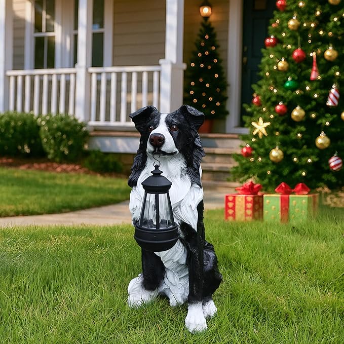 Border Collie Outdoor Dog Statue with Reversible “Welcome/ON Patrol” Plaque and Solar Path Lantern, Black & White Sitting Herding Dog Yard Accent