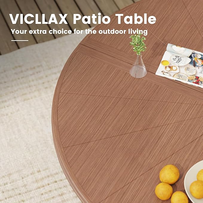 VICLLAX Outdoor Patio Round Dining Table, 47.2"x 47.2" Aluminum Tabletop with Storage Shelf for Deck Lawn Garden Backyard, Walnut
