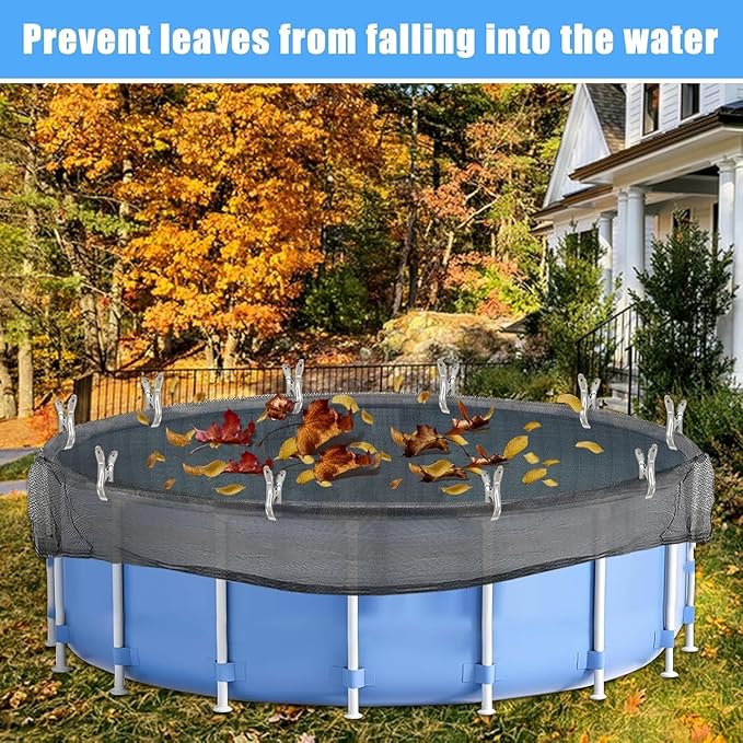 28 Feet Round Leaf Net Cover for Above Ground Pool, Winter Cover Mesh Cover with 20 Pcs Large Metal Clips,Pool Safety Net Fits 28FT Above Ground Pools, Keeps Leaves Out of Your Pool