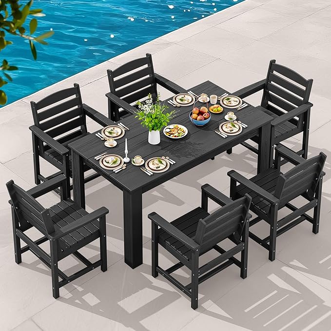SERWALL Patio Dining Set for 6, Outdoor Dining Sets for 6 Person with 1 Umbrella Hole Cut-Out Rectangular Table and 6 Chairs, HDPE Dining Sets for Garden, Backyard, Poolside, Black