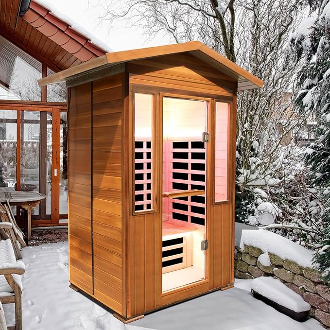 Outdoor Sauna 2 Person Sauna Outdoor Infrared Sauna 2-Person for Home 1800w Outdoor Saunas for Home Canadian Hemlock and Red Cedar Wood Sauna Outdoor Two Person Far Infrared Sauna Low EMF for Backyard