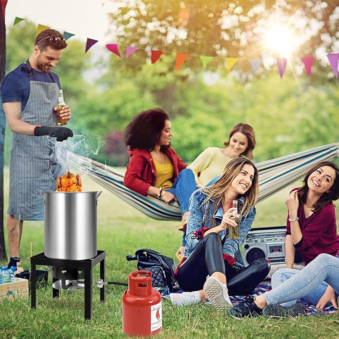 Turkey Fryer with Boiler Steamer Set Basket & 55000BTU Propane Burner, Outdoor Deep Fryer & Seafood Crawfish Boil Pot with Thermometer, Marinade Injector, Turkey Rack & Rack Lifter-OT-3016