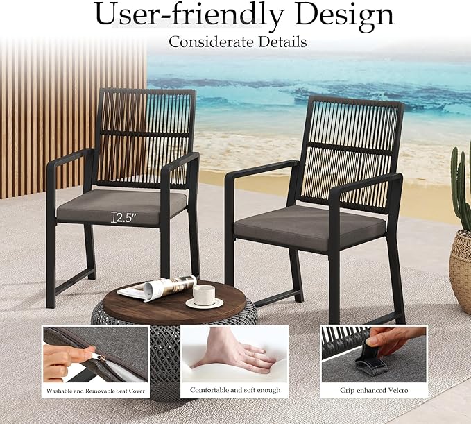 Aluminum Outdoor Patio Dining Chairs -Imitation Rope Vine Chair Ergonomic Backrest Design Detachable Seat Cushion Soft and Breathable Garden/Porch, Black 2Pcs