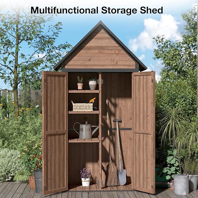 Outdoor Storage Shed with Strongest Metal Frame, Storage Cabinet with Floor, Weatherproof Tool Shed with Adjustable Shelfs, Lockable Metal Garden Shed Steel for Backyard Patio (Brown)