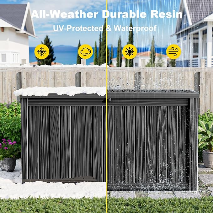 180 Gallon Waterproof Outdoor Storage Box, UV Resistant Resin Deck Box with Hydraulic Rod for Reinforced Stability, Perfect for Patio, Garden, and Pool, Striped Black