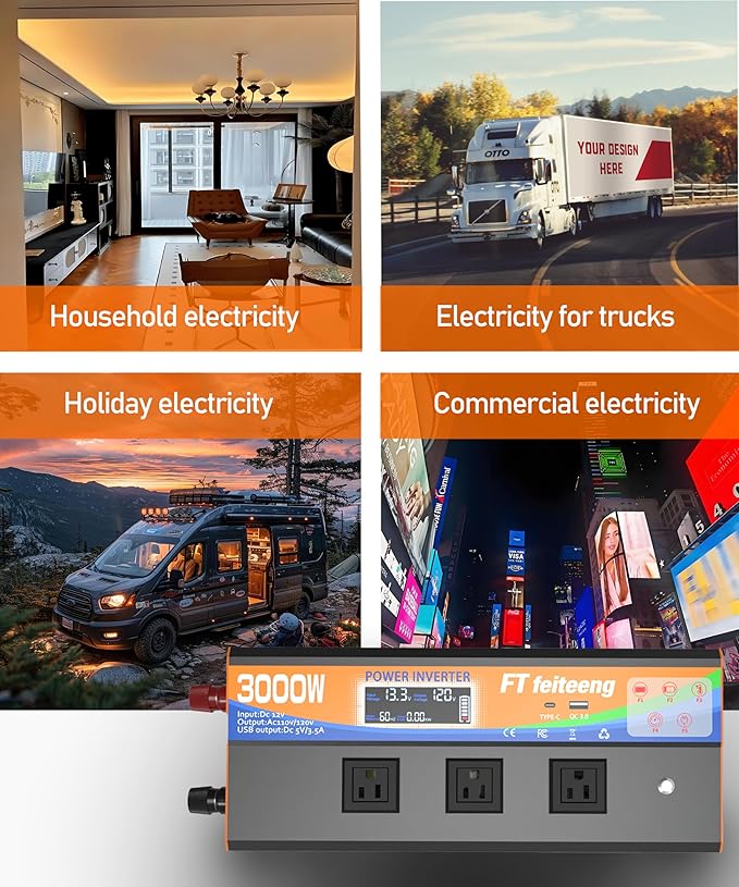 3000w Power Inverter, 12v DC to 120v AC Inverter with LCD Display, 3 Ac Sockets and USB-C & Qc 3.0 Port for Camping Emergency Vehicles Truck Rv Solar System