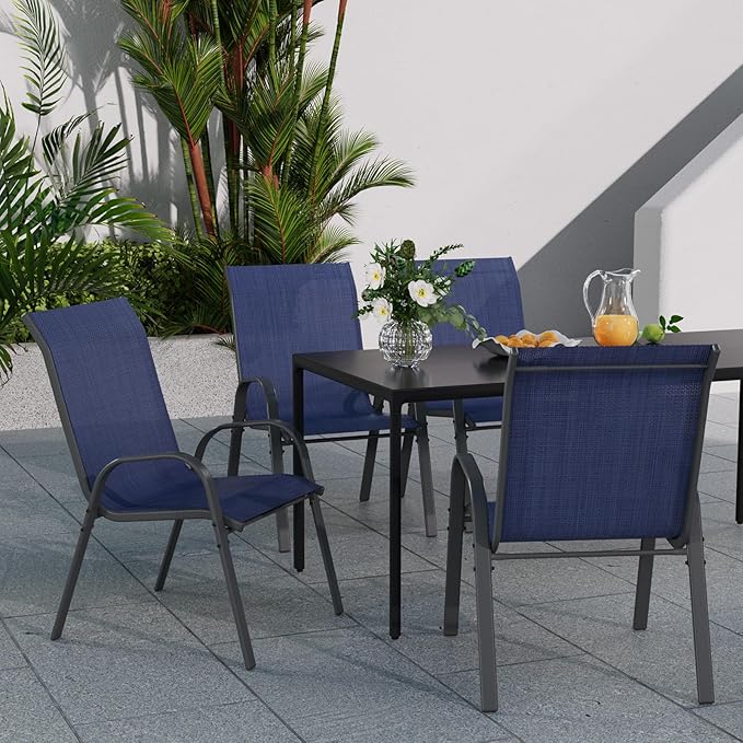 Patio Dining Chairs Set of 2, Stackable Dining Chairs High Back, Breathable Seat Fabric and Alloy Steel Frame Fit Backyard, Porch, Lawn,Poolside (Blue)