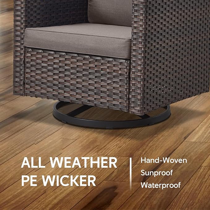 7 Piece Wicker Patio Furniture with Fire Pit Table - Outdoor Conversation Set with 50,000 BTU Fire Pit, All Weather Rattan Patio Set for Deck Backyard Garden - Brown Wicker Grey Cushion