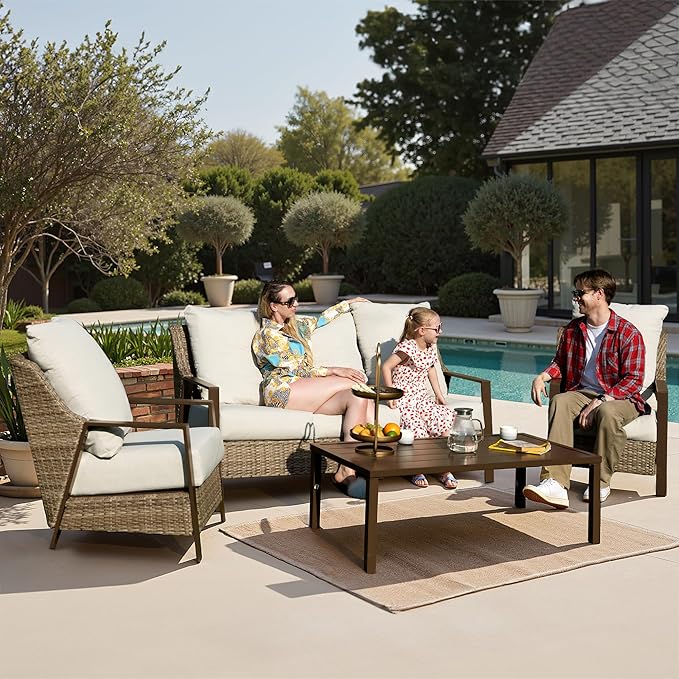 4 Piece Patio Furniture Set, All-Weather Wicker Outdoor Conversation Set with 4.72" Olefin Thick Cushions – 3-Seat Sofa, 2 Armchairs & Coffee Table for Deck, Porch, Balcony, Backyard, Beige