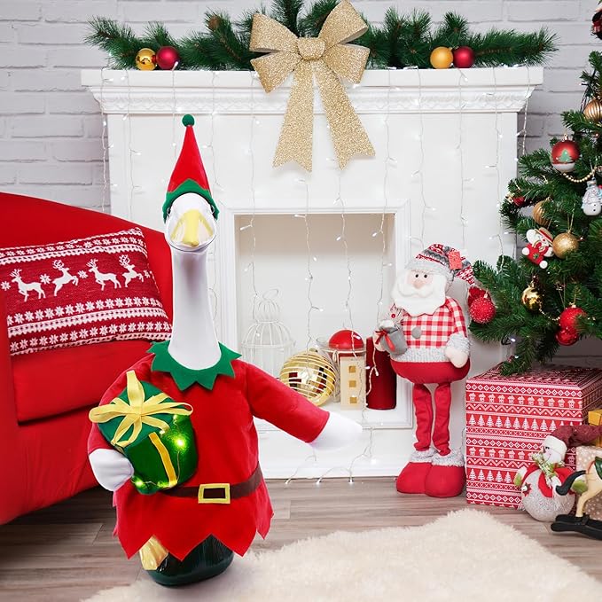 Christmas Toy Soldier Style Porch Goose Outfits,2 Pcs/Set Goose Clothes with Pointed Hat and Gift Box Fits 23" Lawn Goose Statue,Red Christmas Outdoor Goose Costume,Yard Patio Garden Xmas Decor