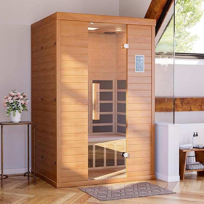 2- Person Infrared Sauna, Remotely Controllable Indoor Sauna, Low EMF 1500W/120V LCD Heater, WiFi & BT Control, 9-Color Light Therapy, Safe Flame-Retardant Material, Wood