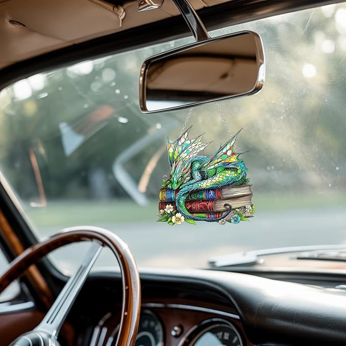 Dragon Books Bookish Acrylic Suncatcher Stained Glass Effect Window Car Hanging Christmas Ornament Indoor Outdoor Decor Garden Bookworm Sun Catcher Book Lover for Women Mom Grandma