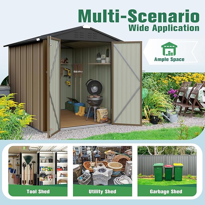 Flamaker 6x8 FT Storage Shed Waterproof Metal Garden Shed with Lockable Door Utility Tool Shed Outdoor Storage for Backyard, Patio and Lawn