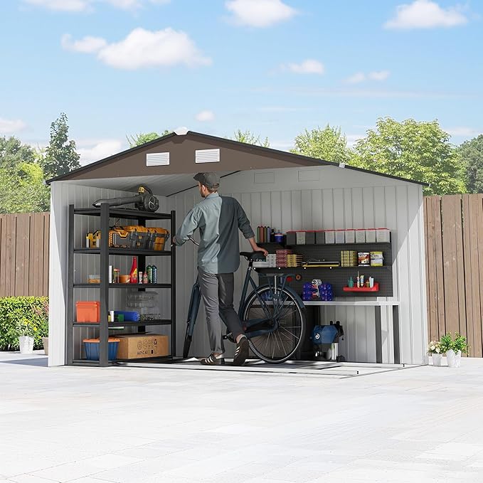 Outsunny 9' x 6' Outdoor Storage Shed, Garden Tool Metal Shed with Foundation Kit, Double Lockable Door, Air Vents and Sloping Roof, for Backyard, Patio, Lawn, Brown