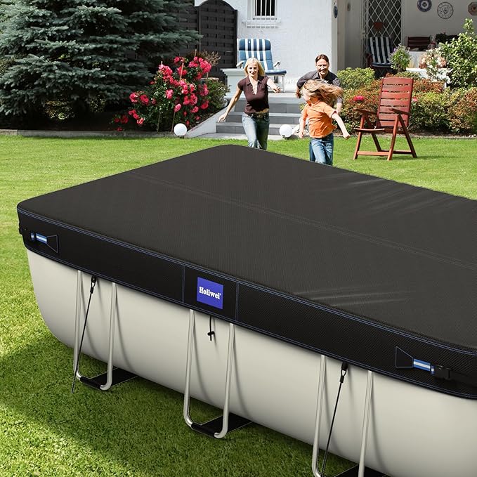 7x10 Ft Rectangular Pool Cover with Reflective Strips for Above Ground Pool, 420D Swimming Pool Cover for Rectangular or Oval Frame Pools, Solar Cover with Drawstring and Ground Nails