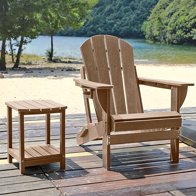 Folding Adirondack Chair, HDPE Outdoor Texture Lawn Chair with Reclining Back, Cup and Phone Holder - Comfortable Firepit Chair Weather Resistant for Patio or Backyard (Brown, Set of 1)