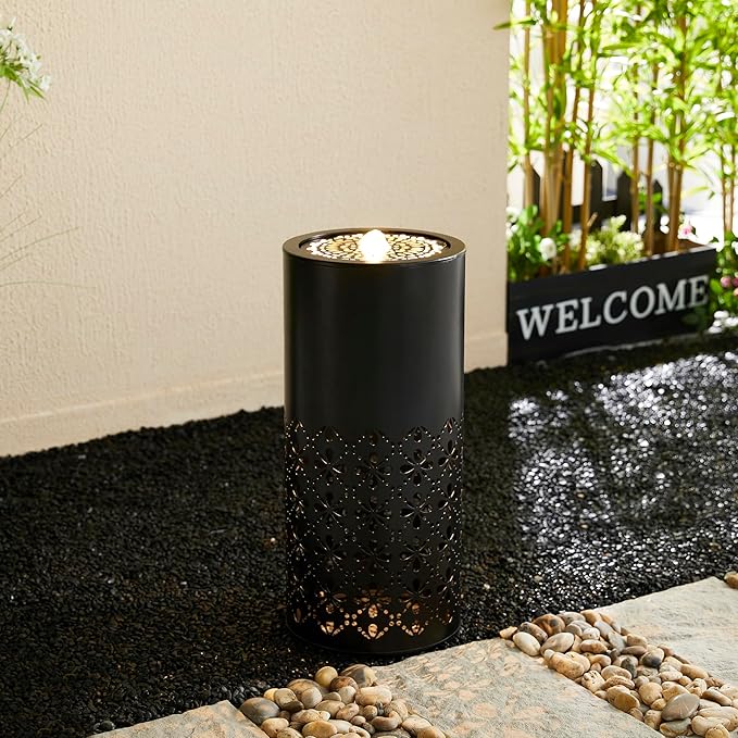 Glitzhome Modern Metal Cutout Water Fountain with Pump, Adapter and LED Light, Black Cutout Bird Bath Garden Outdoor Fountain and Waterfalls, Freestanding Fountains for Patio Backyard Decor, 23.5''H