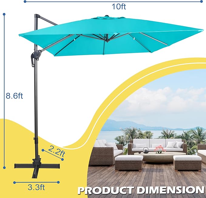 Sunnyglade 10x10Ft Cantilever Patio Umbrella Square 360° Rotation & Integrated Tilting System Offset Umbrella with 8 Sturdy Ribs, Fade-resistant & Waterproof for Garden Backyard Poolside Deck
