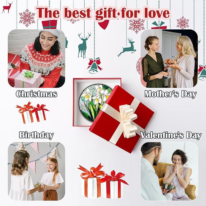 Stained Glass Window Hanging - White Snow Lotus Birth Flower Suncatcher for Doors Garden Patio Sun Catchers Decor Christmas Mother's Day Birthday Gifts for Women Men Mom Nana Friend 7.8 in