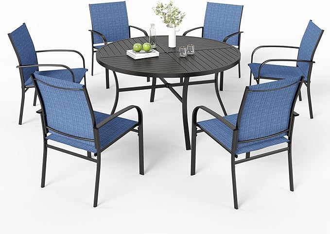 7 Pieces Outdoor Table and Chairs, Patio Dining Set for 6 Includes 54" Round Outdoor Table and 6 Patio Chair Set, Outdoor Dining Furniture Set for Lawn Backyard Deck, Blue